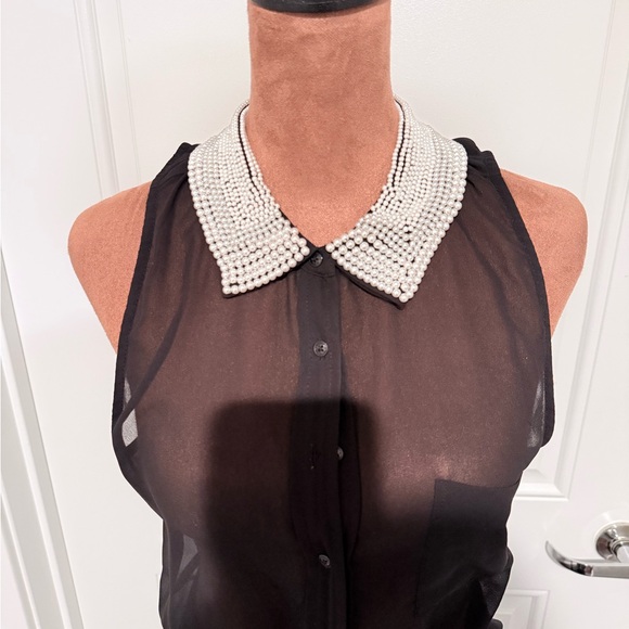 Guess Sheer Black Blouse with Pearl Collar Open Back - Picture 2 of 6